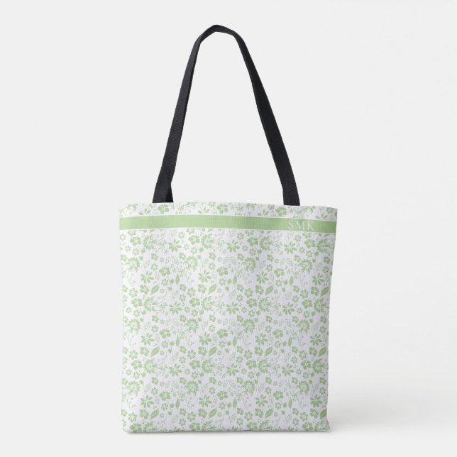 Bolsa Tote Monograma de Flores Tropicais Verde Moderno (Verso)