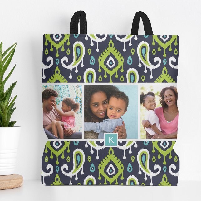Bolsa Tote Monograma de fotos da família Ikat Paisley, marinh (Criador carregado)