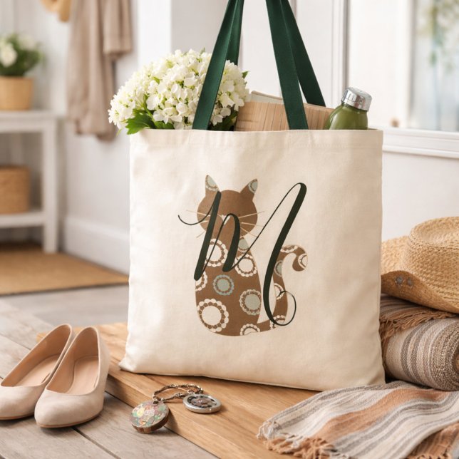 Bolsa Tote Monograma de Gato Marrom Adorável (Criador carregado)