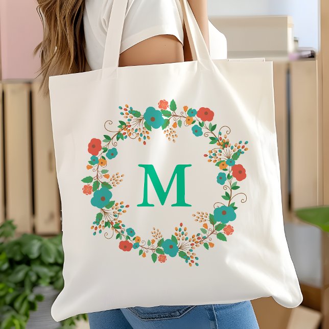 Bolsa Tote Monograma de Grinalda Floral Bonito (Criador carregado)