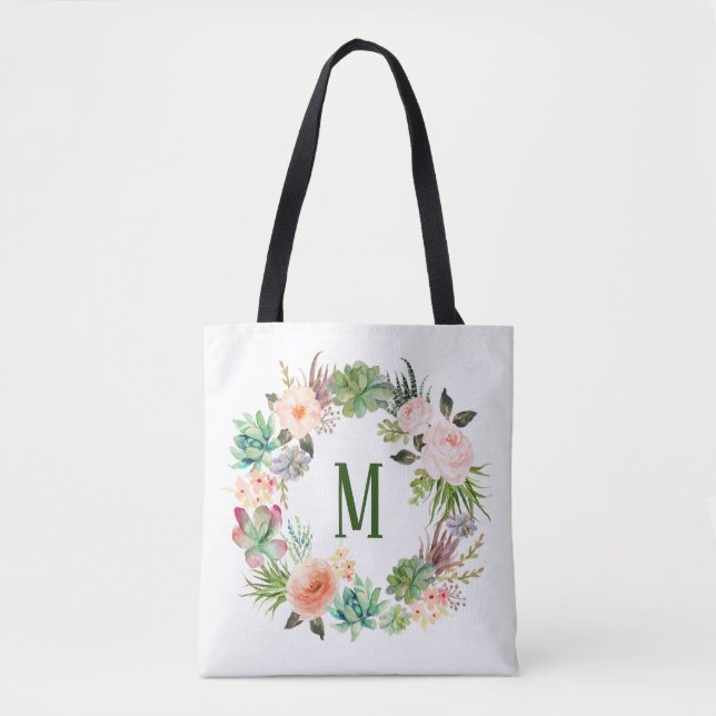 Bolsa Tote Monograma de Grinalda Floral de Suculentas em Aqua (Frente)