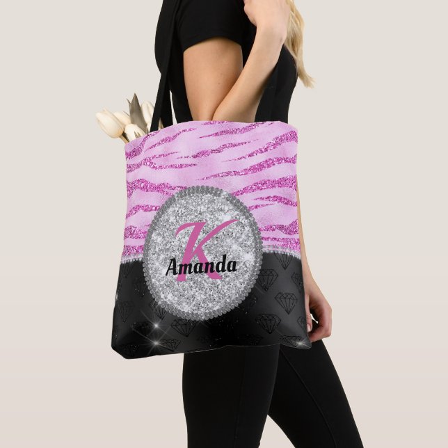 Bolsa Tote Monograma de impressão em animais cinza-preto-colo (Close Up)