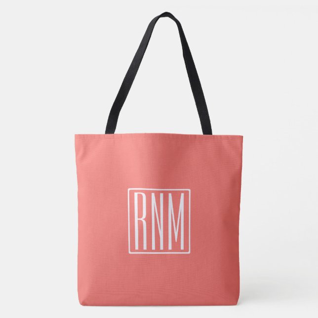 Bolsa Tote Monograma de Iniciais | Branco Sobre O Coral (Frente)