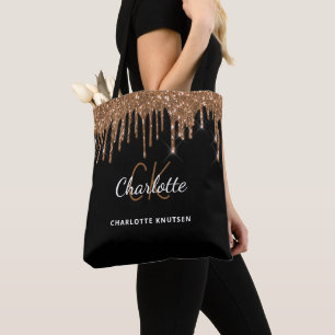 Bolsa Tote Monograma de iniciais com brilho dourado preto