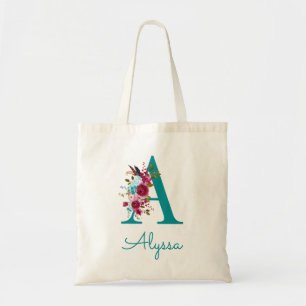 Bolsa Tote Monograma de Letra A em Script Floral Rosa Azul-cl