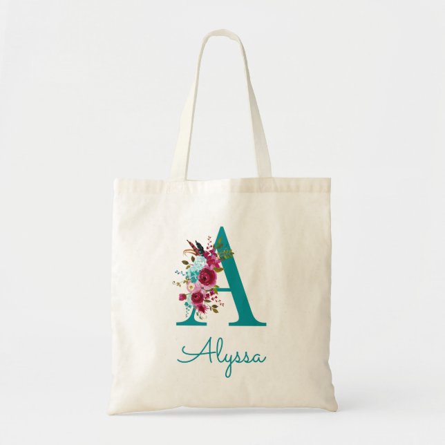 Bolsa Tote Monograma de Letra A em Script Floral Rosa Azul-cl (Frente)