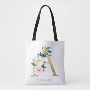Bolsa Tote Monograma de Letra A Floral Bonita com Folha de Ou
