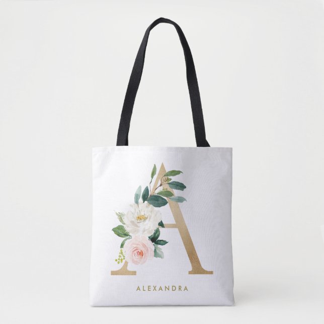 Bolsa Tote Monograma de letra A floral bonita com folha de ou (Frente)
