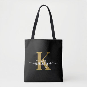 Bolsa Tote Monograma de Letra Cursiva em Preto e Dourado