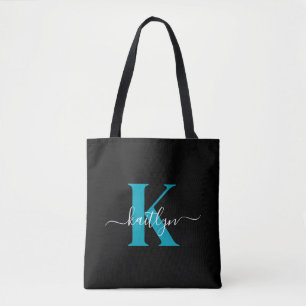 Bolsa Tote Monograma de Letra de Cursiva Azul Moderno Preto