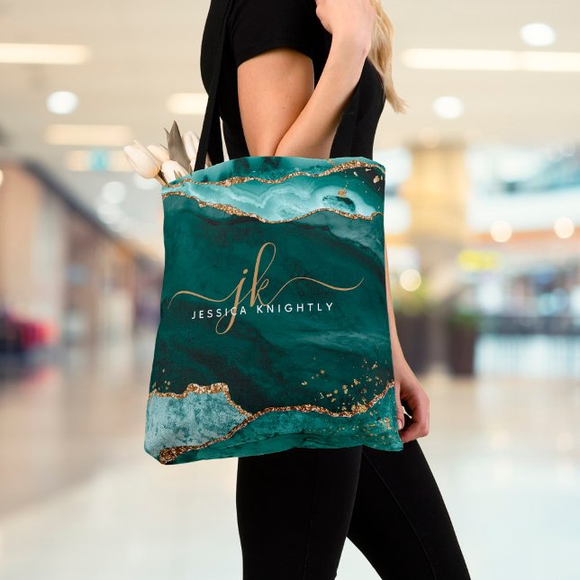 Bolsa Tote Monograma de Letra Dourada de Agato Teal Turquoise (Criador carregado)