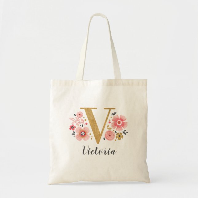 Bolsa Tote Monograma de letra dourada V Floral Rosa (Frente)