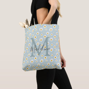 Bolsa Tote Monograma de Letra em Script Azul Chic Minimalista