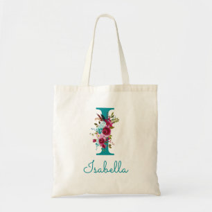 Bolsa Tote Monograma de Letra Floral I Script Teal Rosa