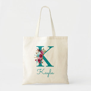 Bolsa Tote Monograma de Letra K em Script Floral Teal Rosa
