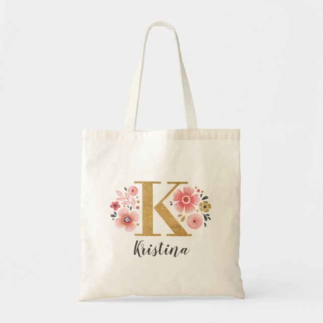 Bolsa Tote Monograma de letra "K" floral em ouro rosa (Frente)