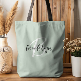Bolsa Tote Monograma de letra manuscrita verde sage moderno p