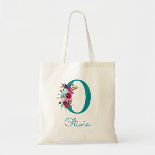 Bolsa Tote Monograma de Letra O com Floral em Script Teal Ros
