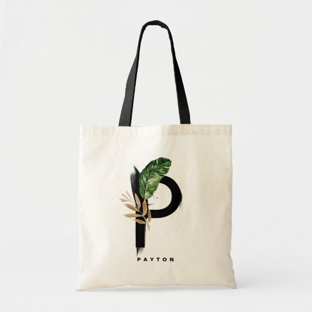 Bolsa Tote Monograma de Letra P Folhas de Palmeira Tropical D (Frente)