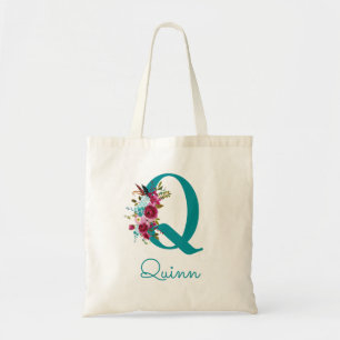 Bolsa Tote Monograma de Letra Q com Floral em Script Teal Ros