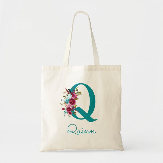 Bolsa Tote Monograma de letra Q em script floral rosa azulado (Frente)