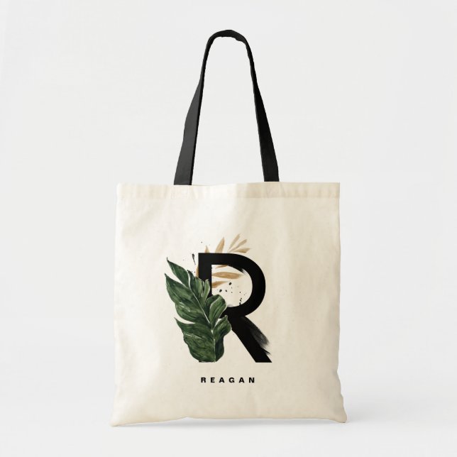 Bolsa Tote Monograma de Letra R Folhas de Palmeira Tropical D (Frente)