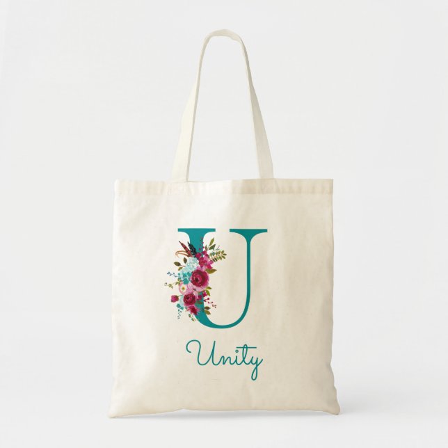 Bolsa Tote Monograma de Letra U em Script Floral Rosa Azul-cl (Frente)