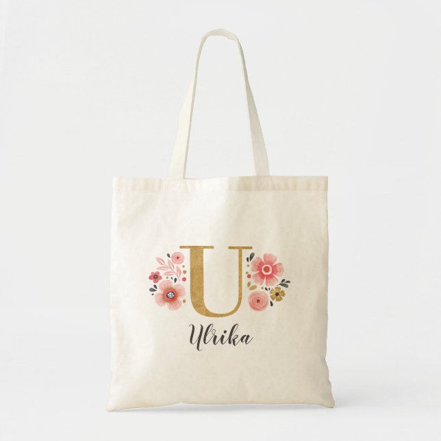 Bolsa Tote Monograma de letra "U" floral dourado rosa (Frente)