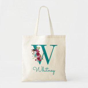 Bolsa Tote Monograma de Letra W em Script Floral Rosa Azul-cl