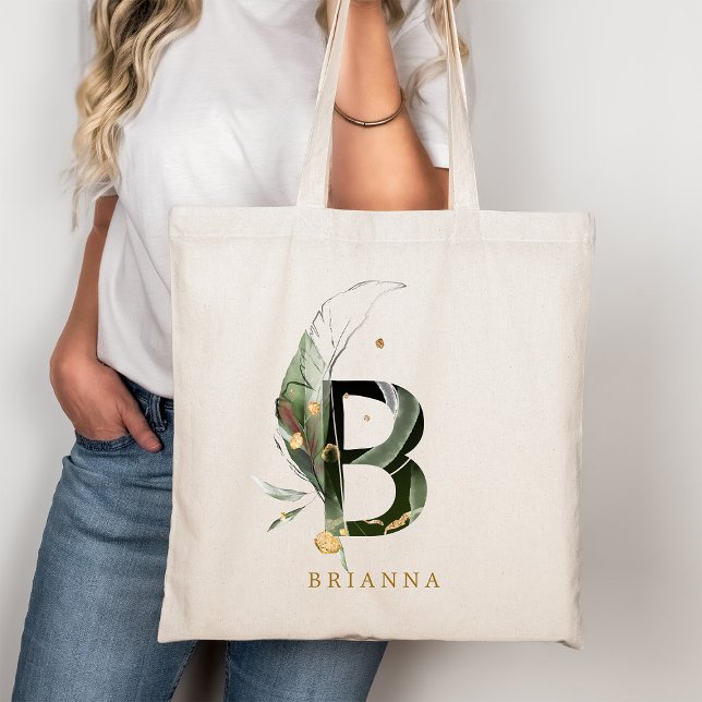 Bolsa Tote Monograma de Letras de Folhas Tropicais Personaliz (Criador carregado)