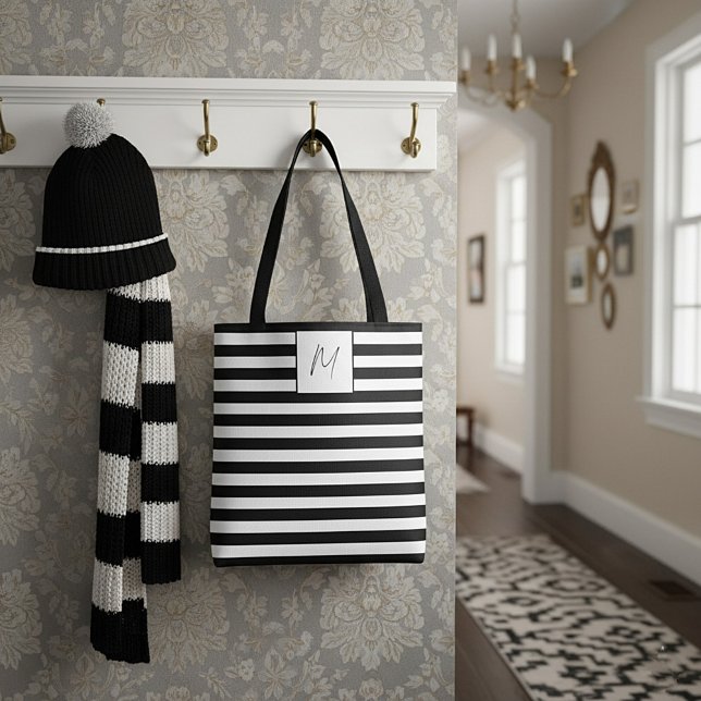 Bolsa Tote Monograma de listras simples modernas (Criador carregado)