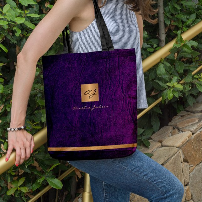 Bolsa Tote Monograma de luxo elegante de ouro, roxo moderno (Criador carregado)