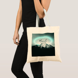 Bolsa Tote Monograma de luz neon azul misterioso da montanha 