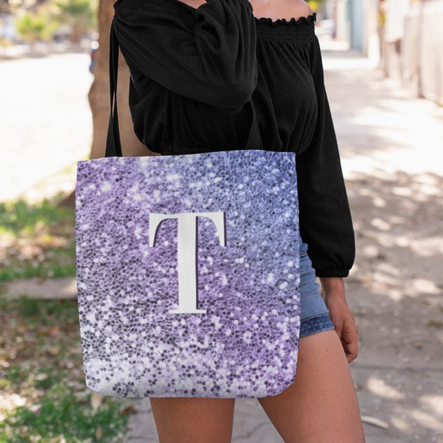 Bolsa Tote Monograma De Mão Roxo (Purple Periwinkle Ombre Chunky Glitter Monogram Tote Bag)