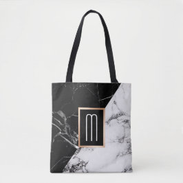 Bolsa Tote Monograma de mármore branco preto elegante da