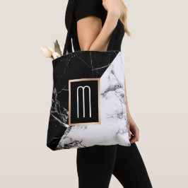 Bolsa Tote Monograma de mármore branco preto elegante da