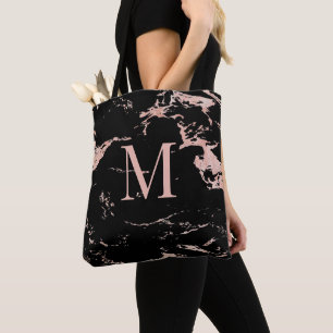 Bolsa Tote Monograma de Mármore Preto de Folha Rosa dourada E