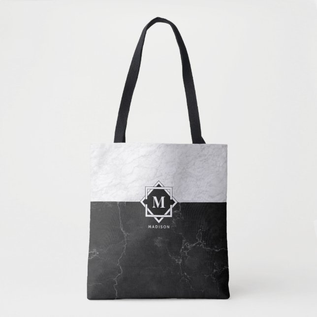 Bolsa Tote Monograma de mármore preto e branco (Frente)