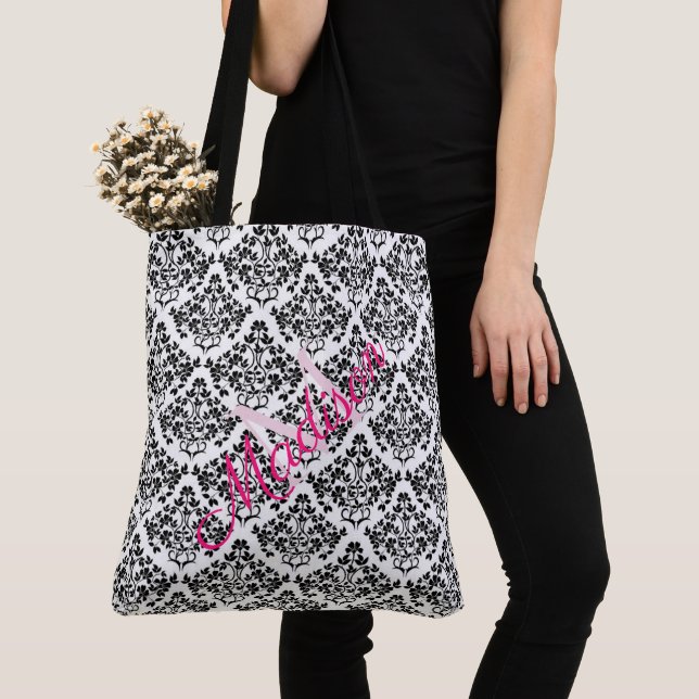 Bolsa Tote Monograma de Menino Branco Negro Trendy Bonito (Close Up)