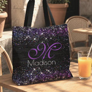 Bolsa Tote Monograma de metal brilhante preto roxo