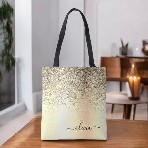 Bolsa Tote Monograma de Metal Brilho Dourado Nome Glam