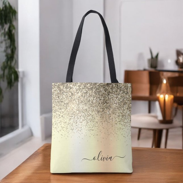 Bolsa Tote Monograma de Metal com Brilho Dourado e Nome Glam (Criador carregado)
