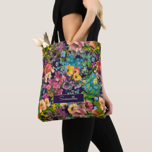 Bolsa Tote Monograma de monograma do padrão negro floral púrp