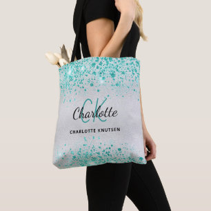 Bolsa Tote Monograma de nome brilhante verde azulado prateado