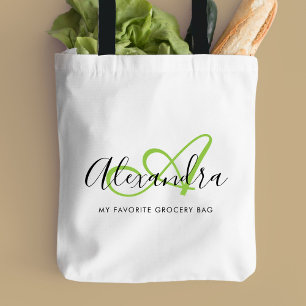 Bolsa Tote Monograma de Nome com Letra Elegante e Verde Brilh