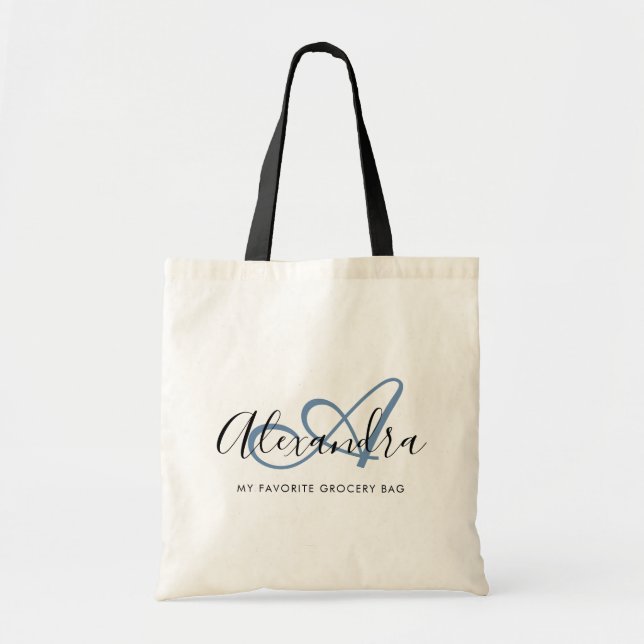 Bolsa Tote Monograma de nome de letra maiúscula azul elegante (Frente)