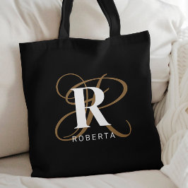 Bolsa Tote Monograma de Nome de Script Dourado Preto Na moda