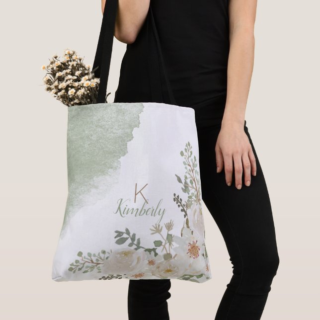 Bolsa Tote Monograma de Nome Inicial Floral Branco Elegante (Close Up)