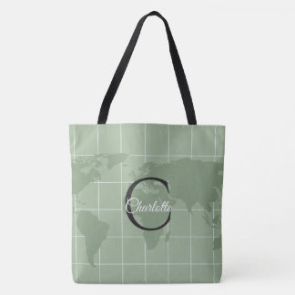 Bolsa Tote Monograma de Nome Personalizado no Mapa Mundial em