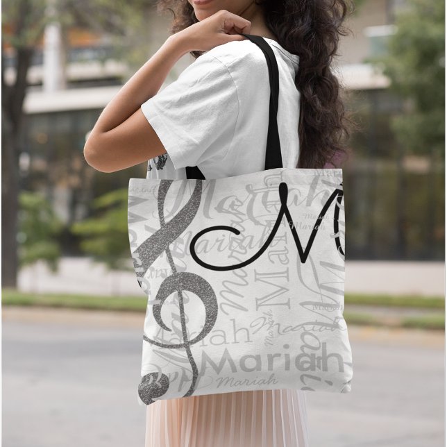 Bolsa Tote Monograma de Nota de Música com Limpeza Treble com (musical note & name)